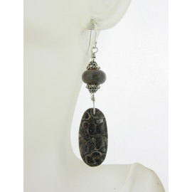 Hand made brown gray fossil turritella agate lampwork sterling earrings