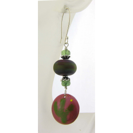 green cactus enamel on copper, boho earrings with lampwork tsavorite sterling