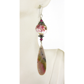 Handmade pink beige black earrings with lampwork, pink opal hematite sterling