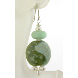 Artisan made light green white turquoise ceramic pearl earrings sterling