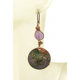 Artisan made reticulated enameled copper drops and amethyst earrings