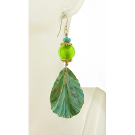 Artisan lime turquoise green earrings with polymer leaf venetian glass gold fill