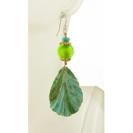 Summer Leaves Earrings - artisan polymer leaf lime green venetian glass gold fill turquoise srajd cserpentDesigns Artisan lime turquoise green earrings with polymer leaf venetian glass gold fill