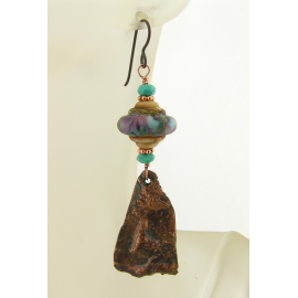 Artisan made reticulated copper drops, lampwork and turquoise earrings