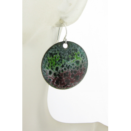 Artisan made red green white enamel on copper disks earrings in sterling silver