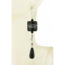 Artisan earrings in black, purple green black onyx amethyst burmese jade moon