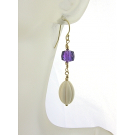 Handmade earrings with wooly mammoth ivory, purple amethyst gold fill ear wires