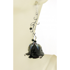 Handmade earrings with black glass roses, black spinel, sterling silver vines