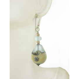 light blue and ivory artisan lampwork with wave in glass, river stone, sterling