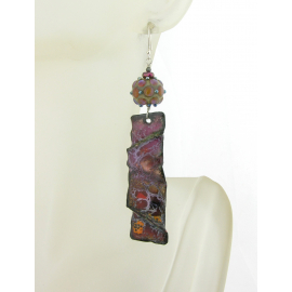 Artisan made rose orange red enamel on copper earrings sterling silver lampwork