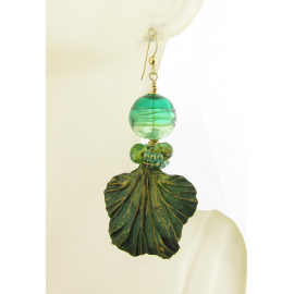 Artisan teal green gold leaf earrings w/artisan polymer, hollow glass, gold fill