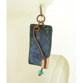 Artisan made blue purple enamel copper and turquoise earrings