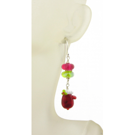 Mittens and Holly Earrings - white green red lampwork dangle winter sterling silver Christmas handmade