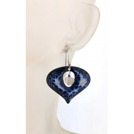 Artisan made blue white gray enamel on copper earrings moonstone lapis sterling