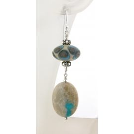 Hand made ivory white turquoise dotted lampwork glass ribbon turquoise sterling