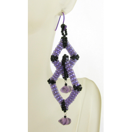 Purple and Black Diamonds Earrings - seed bead weave amethyst sterling silver artisan Purple and Black Diamonds Earrings - seed bead weave amethyst sterling silver