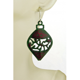Artisan made red and green enamel on copper filigree ornament earrings