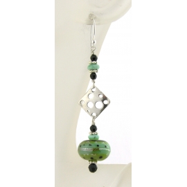 Artisan made lime black earrings with handmade lampwork glass turquoise sterling