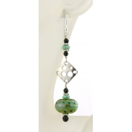 Artisan made lime black earrings with handmade lampwork glass turquoise sterling