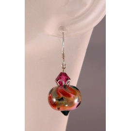 Handmade pink, olive, black, fuchsia earrings, lampwork, crystals and sterling