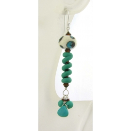 Handmade ivory turquoise brown earrings spiral dots lampwork turquoise sterling