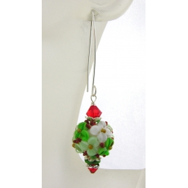 Handmade red green Christmas floral earrings with lampwork, crystals, sterling