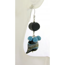 Handmade turquoise black lampwork gemstone earrings with onyx turquoise sterling