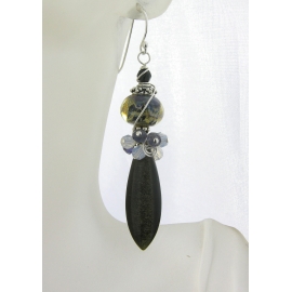 Handmade blue black gold earrings with golden obsidian lampwork iolite sterling