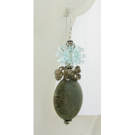 Handmade earrings with aqua spiky urchin lampwork glass, smoky quartz, sterling