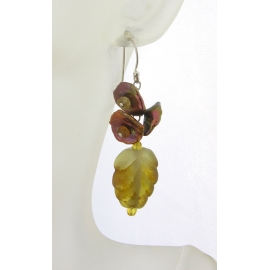 Artisan made topaz lampwork leaf earrings keishi pearl hessonite garnet sterling