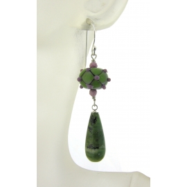 Harlequin Beauties Earrings Handmade earrings with sage green lavendar lampwork glass green opal sterling