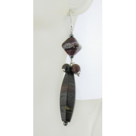 Handmade red black, hematite tiger iron gemstone earrings, lampwork and sterling