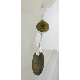 Brown Shimmer and Sparkle Earrings Artisan made brown hollow lampwork earrings golden tiger eye sterling