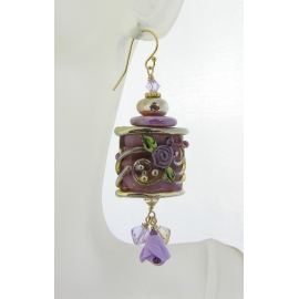Handmade earrings with purple roses, gold lampwork, polymer rose and gold fill