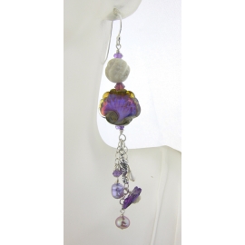 Handmade earrings with purple shell lampwork, seahorse charm, pearl and sterling