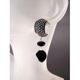 Artisan made dangle earrings Bali basket weave cuff on posts black agate onyx