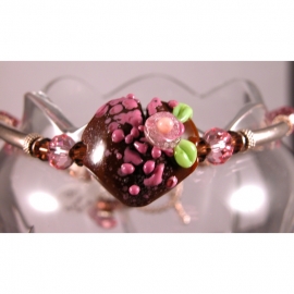 Handmade bracelet pink brown artisan lampwork heart sterling silver