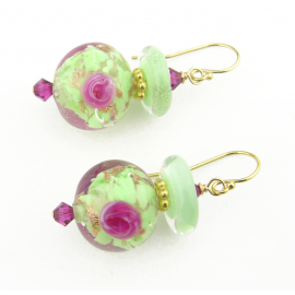 Handmade earrings with mint and pink rose venetian beads lampwork gold fill