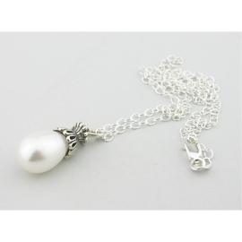 Artisan made sterling lattice petaled pendant & AAA 11mm white freshwater pearl
