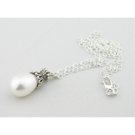 White Lattice Pearl Drop Necklace Artisan made sterling lattice petaled pendant & AAA 11mm white freshwater pearl