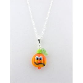 Handmade artisan halloween necklace with orange pumpkin face green leaf sterling