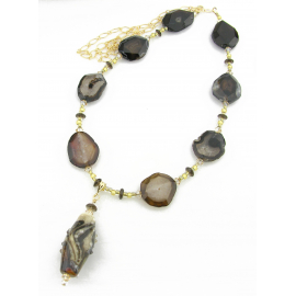 Handmade necklace brown black cream artisan lampwork black agate druzy gold fill