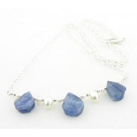 Kyanite and Pearls Necklace Artisan made sterling silver necklace blue kyanite rough white freshwater pearls