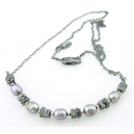 Silver and Black Necklace Artisan made black silver sterling silver necklace hematite freshwater pearls