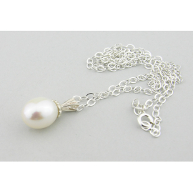 White Scallop Pearl Drop Necklace Artisan made sterling scalloped pendant & AA+ 10mm white freshwater pearl