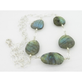 Handmade necklace faceted flat labradorite nuggets blue flash sterling silver