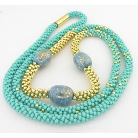 Turquoise and Gold Kumi Necklace Kumihimo weave necklace in turquoise and gold kazuri ceramic magnetic clasp