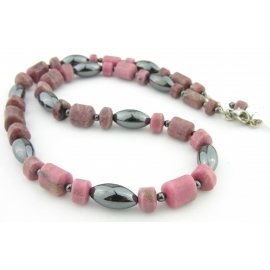 Metallic Pink Necklace Handmade necklace metallic hematite, pink, black rhodonite gemstones sterling