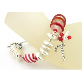 Handmade bracelet red white artisan lampwork disks pearls sterling silver