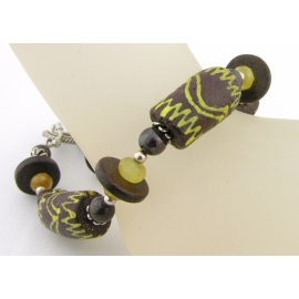 Handmade bracelet brown yellow opal gemstones Ghana glass sterling silver